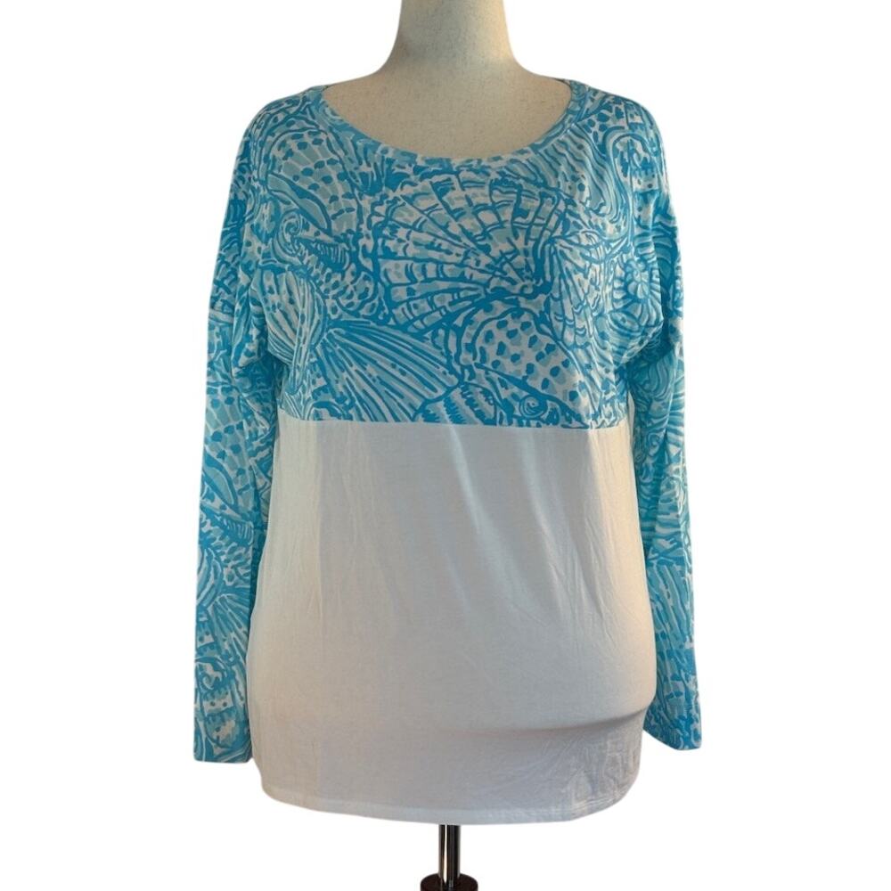 Lilly Pulitzer Finn Cotton T-Shirt Top 3/4 Slv Succulent Blue Sea Cups Shells L